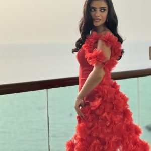 Red Floral Appliqué Gown with Dramatic Train – Noura Boutique